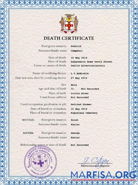 Realistic Jamaica death certificate PSD template